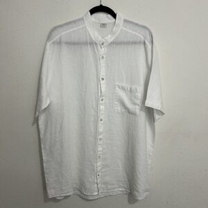 Beslika Men's White Band Neck Linen Button Down Short Sleeve Made In Greece XXL